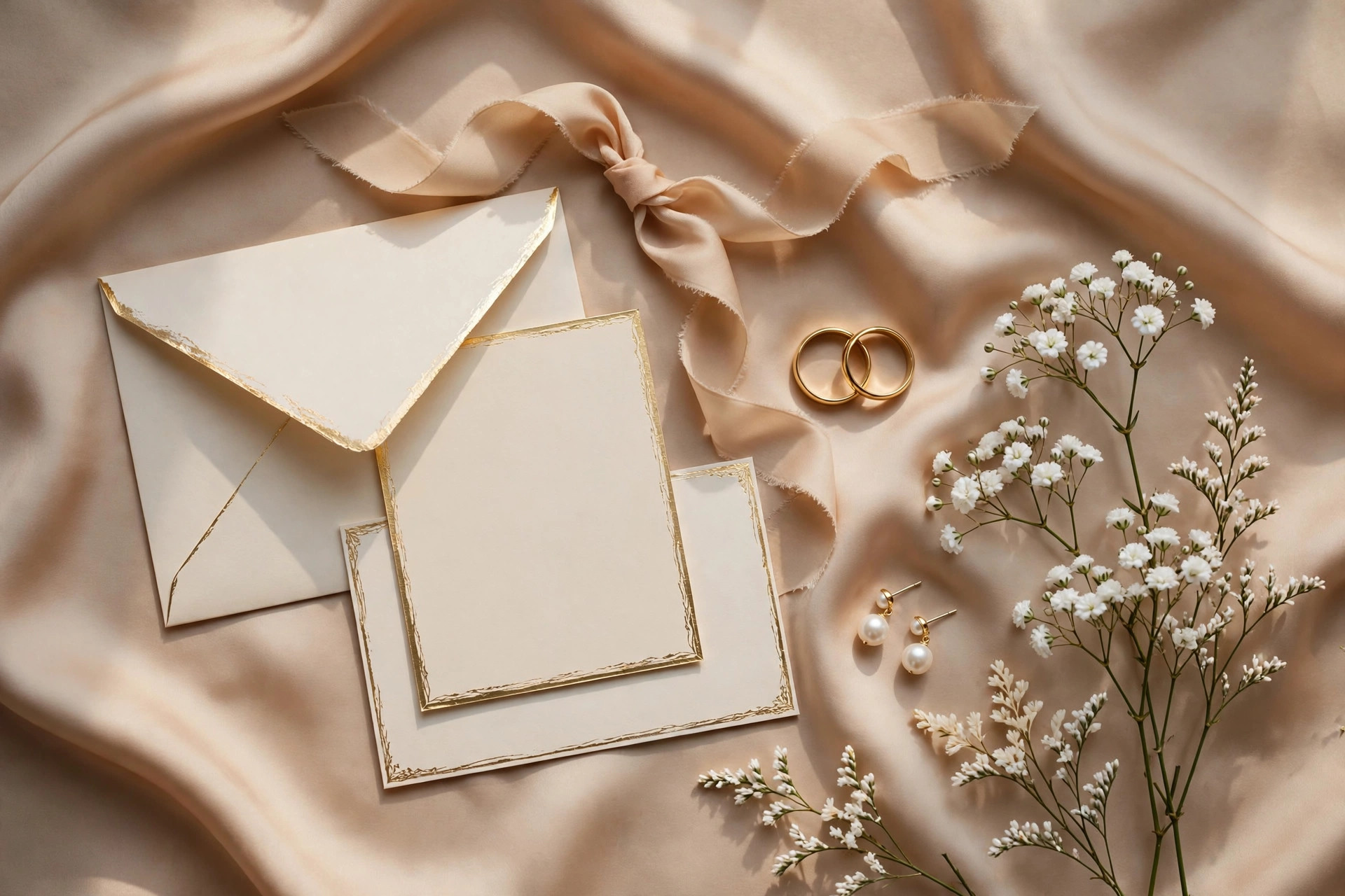 Wedding invitation suite and details styled on silk