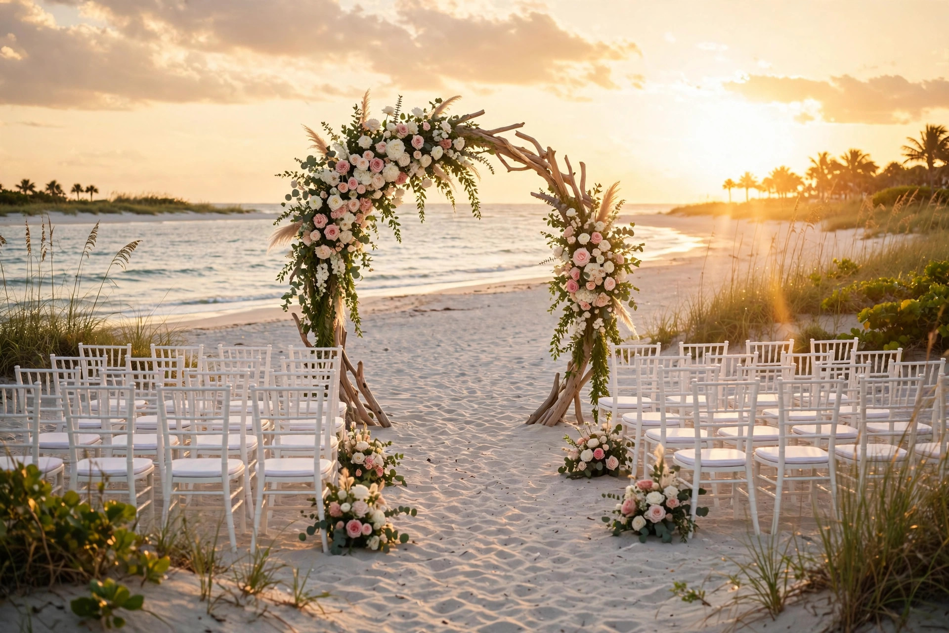 Beach wedding ceremony arch at golden hour on the Florida coast