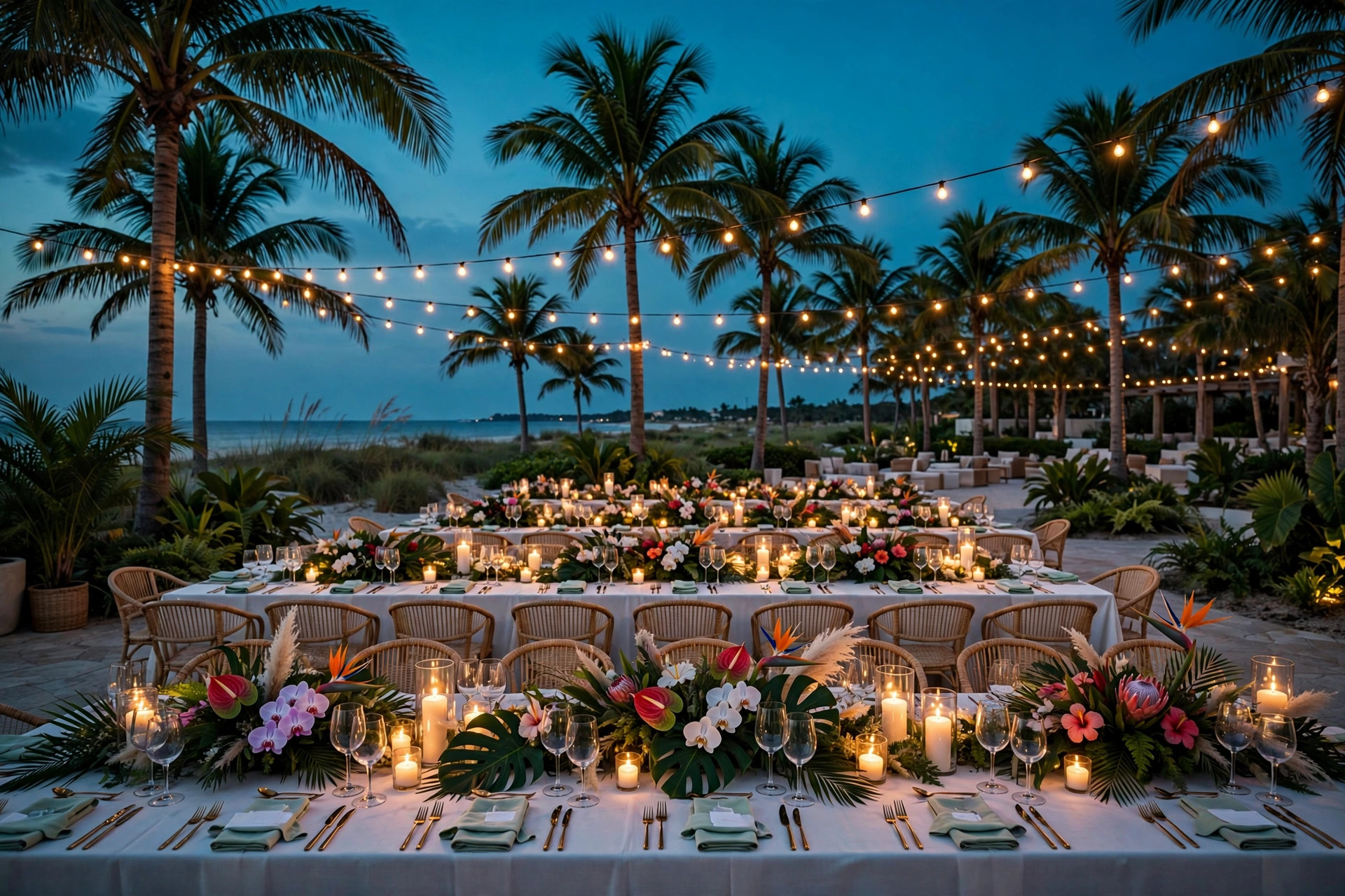Outdoor wedding reception at dusk under palm trees and string lights