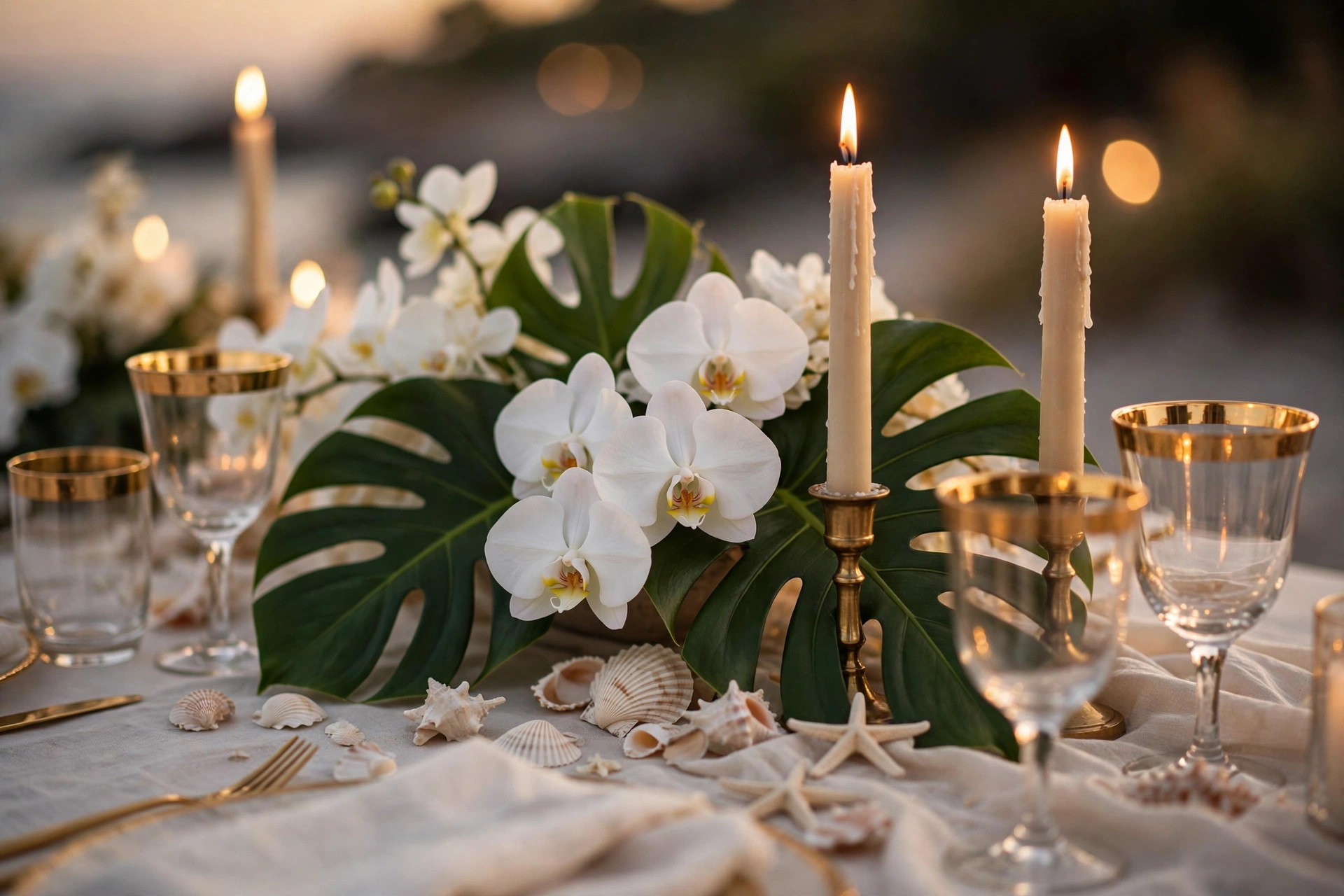 Coastal wedding tablescape with candles and orchids